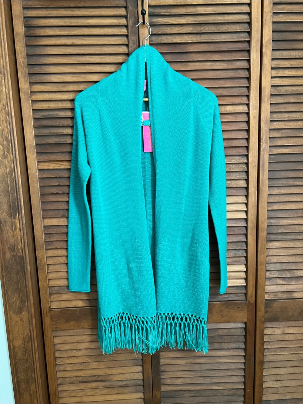 Lilly Pulitzer Teal Fringe Open-Front Cardigan